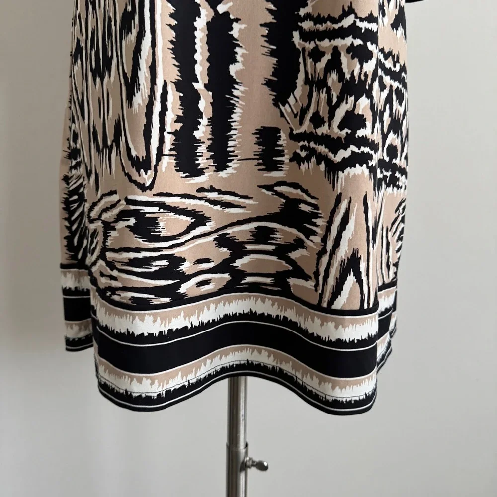 BCBGMaxazria Abstract Tribal Print Shift Dress Tan Black 3/4 Sleeve M - Picture 3 of 7